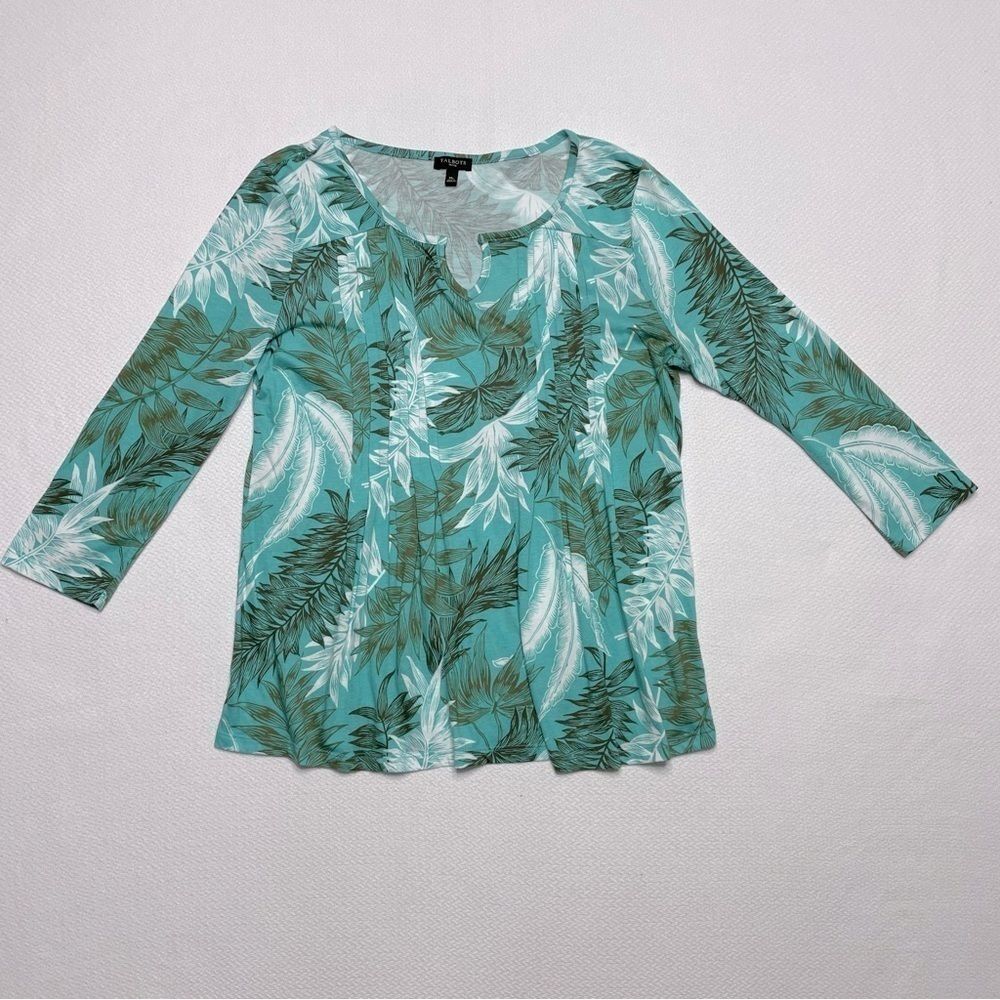 Talbots Pleated Palm Frond Tunic Top 3/4 Sleeve Turquoise White Women's Size MP